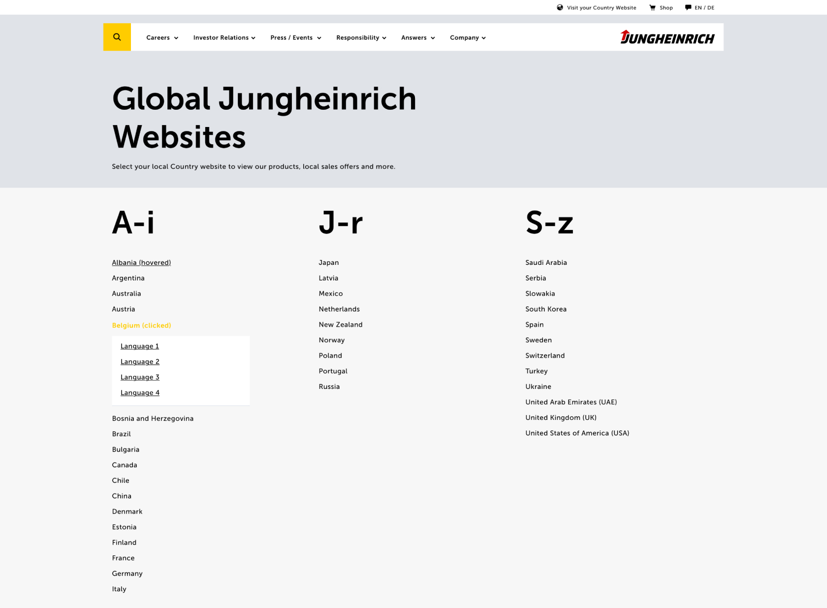 David Brenner Jungheinrich design webdesign language selection layout